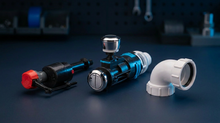 Toilet spares including fill valve, flush valve and pan connector