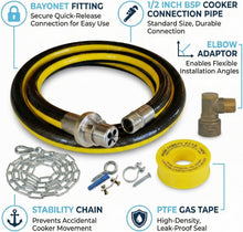1.25m Gas Cooker Hose Kit with Bayonet, Elbow, Chain & PTFE Tape - Hulthor
