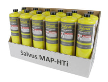 Display case of twelve Salvus MAP-HTi 400g propylene gas cylinders